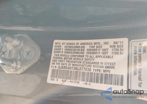 2011 Honda Cr-V Ex-L z USA, uszkodzony, nr VIN 5J6RE4H73BL077636